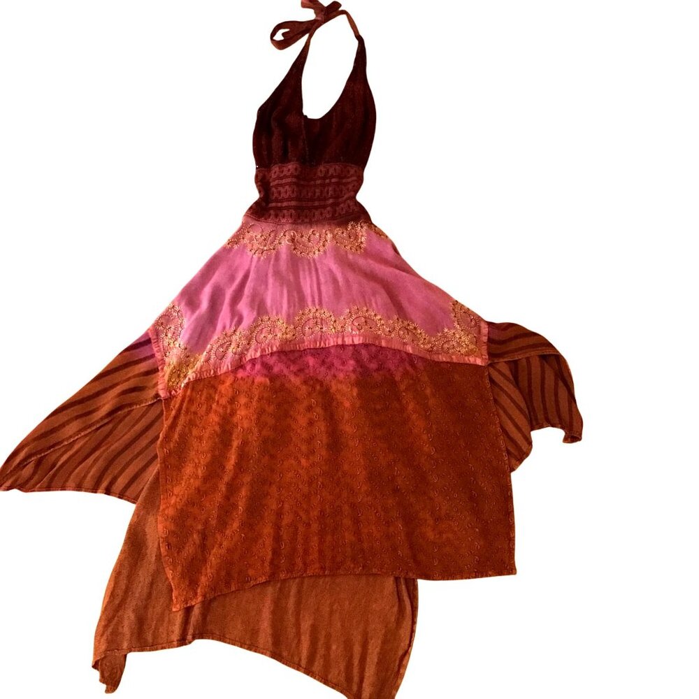 Boho Patchwork Women Halter Dress Sequin Embroidery Asymmetrical Cottagecore S - Picture 3 of 9